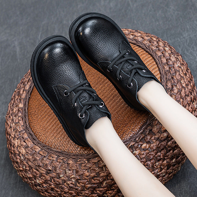 Top Leather Vintage Round Toe Soft Sole Lace-Up Flat Shoes