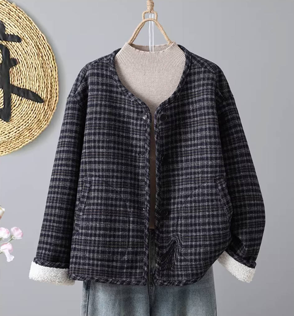 Winter Retro Cotton Casual Round Neck Plush Plaid Patchwork Coat