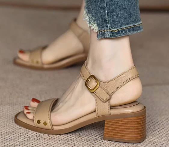 Retro Summer Open Toe Touch Fastener Chunky Heel Soft Leather Sandals