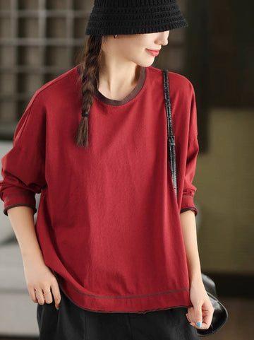 Women 100% Cotton Round Neck Patchwork Long Sleeves Pullover