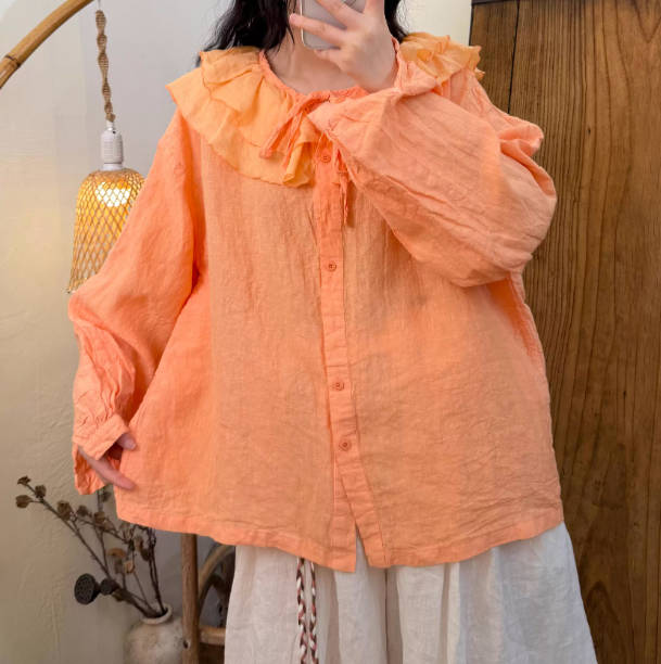 Spring Linen Solid Color Long Sleeve Ruffled Collar Shirt