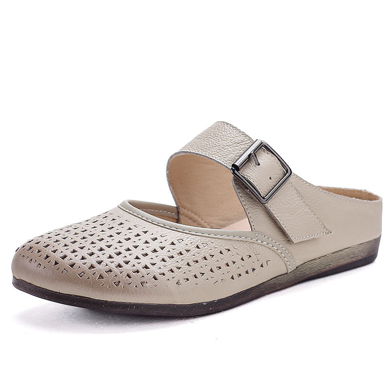 Retro Top Leather Round Toe Hollow One Straped Slip-On Shoes