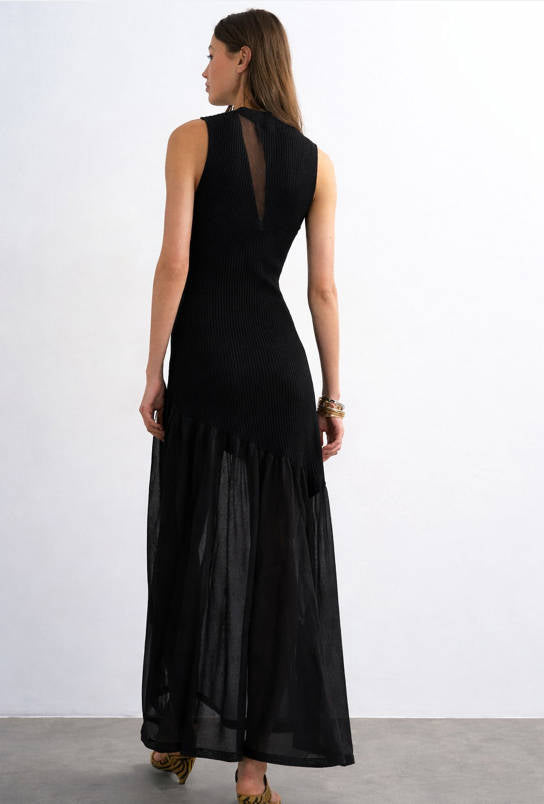 Summer Mature Elegant Mesh Panel Design Ribbed Knit Dress