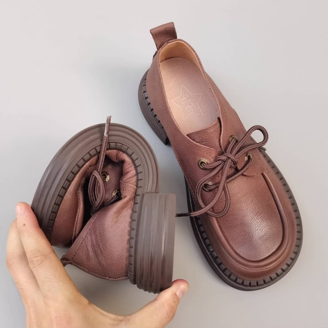 Retro Top Leather Wide Toe Soft Sole Chunky Lace-Up Slip-On Shoes