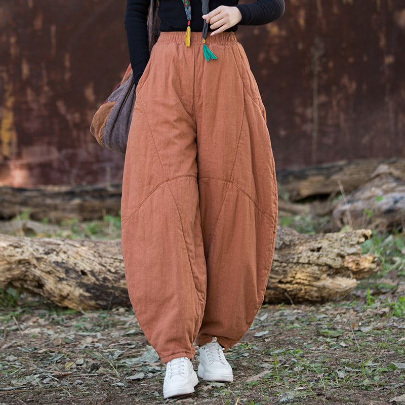 Winter Ramie Loose Solid Color Cotton-In Elastic Waist Harem Pants