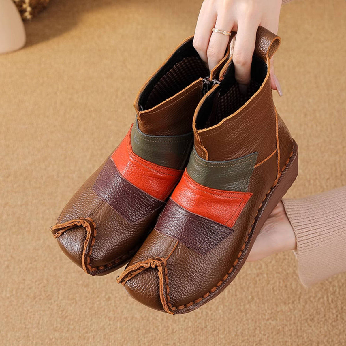 Winter Top Leather Soft Sole Patchwork Zipper Ankle Boots