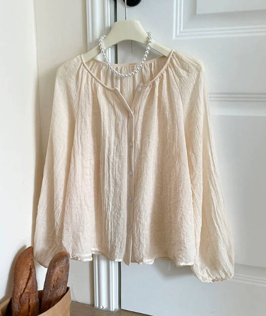Women Summer Cotton Linen Loose Solid Color Round Neck Blouses