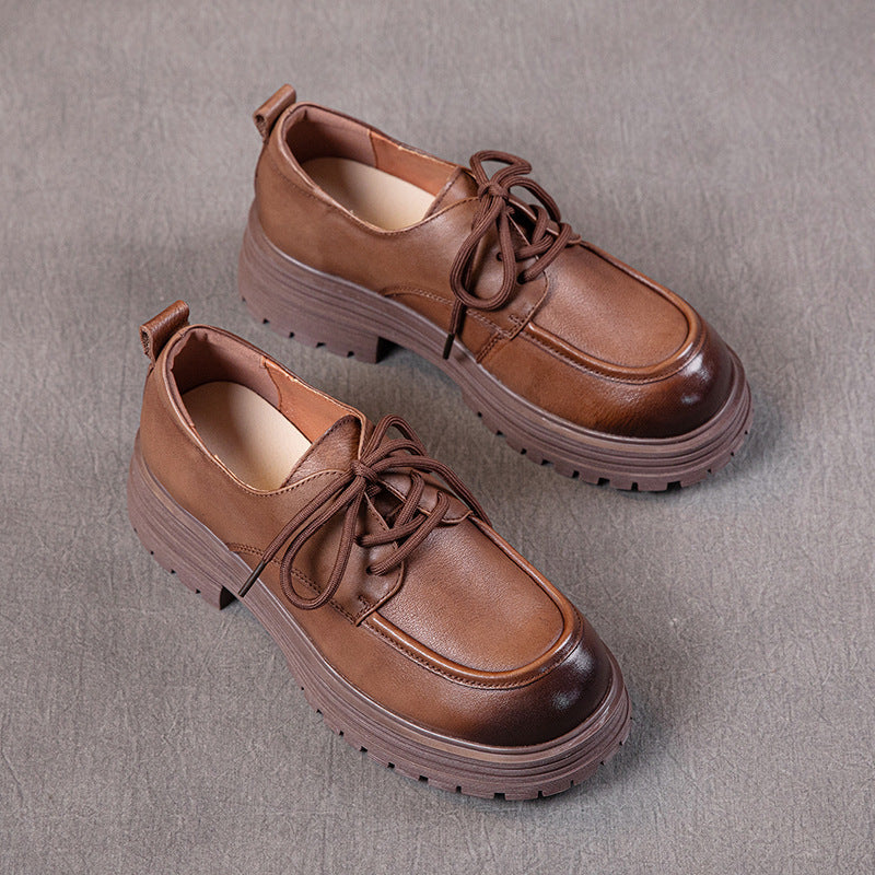 Spring Top Leather Round Toe Platform Thick Sole Lace-Up Casual Shoes