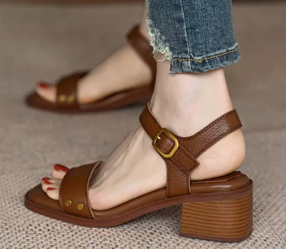 Retro Summer Open Toe Touch Fastener Chunky Heel Soft Leather Sandals