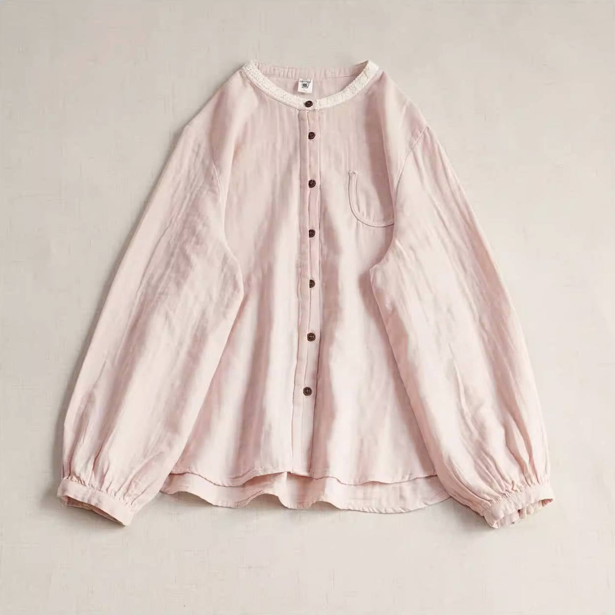Spring Retro Cotton Round Neck Patchwork Versatile Loose Shirt