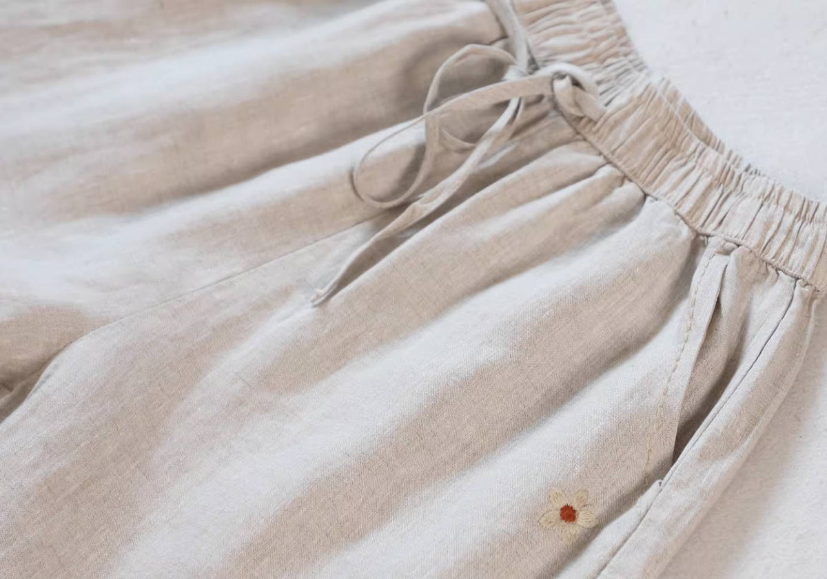 Spring Linen Solid Color Embroidered Elastic Waist Soft Pants