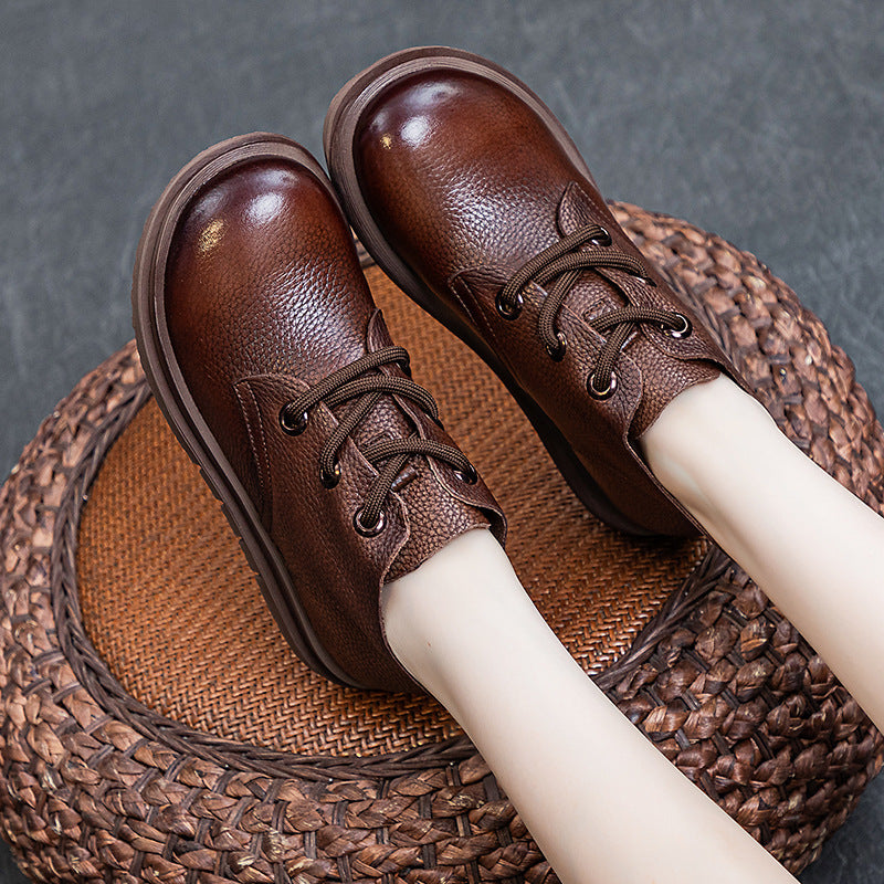 Top Leather Vintage Round Toe Soft Sole Lace-Up Flat Shoes