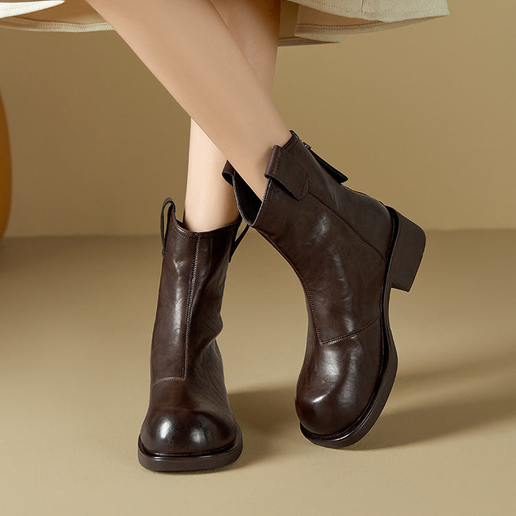 Vintage Top Leather Simple Chunky Casual Zipper Ankle Boots