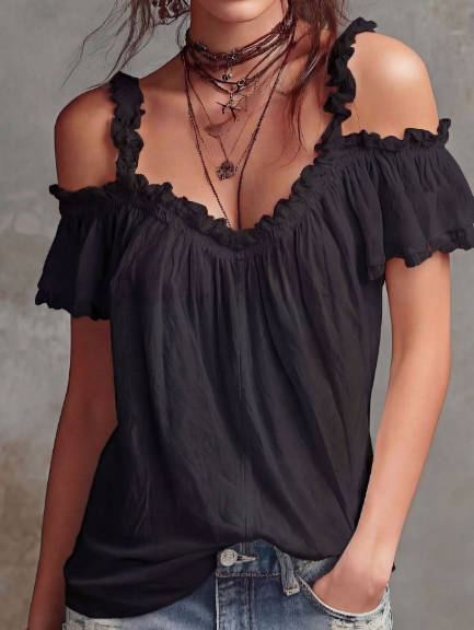 Spring Solid Color Linen Ruffle Collar Spaghetti Strap Top