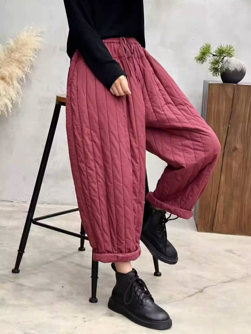 Winter Cotton Striped Warm Cotton-In Lace-Up Harem Pants