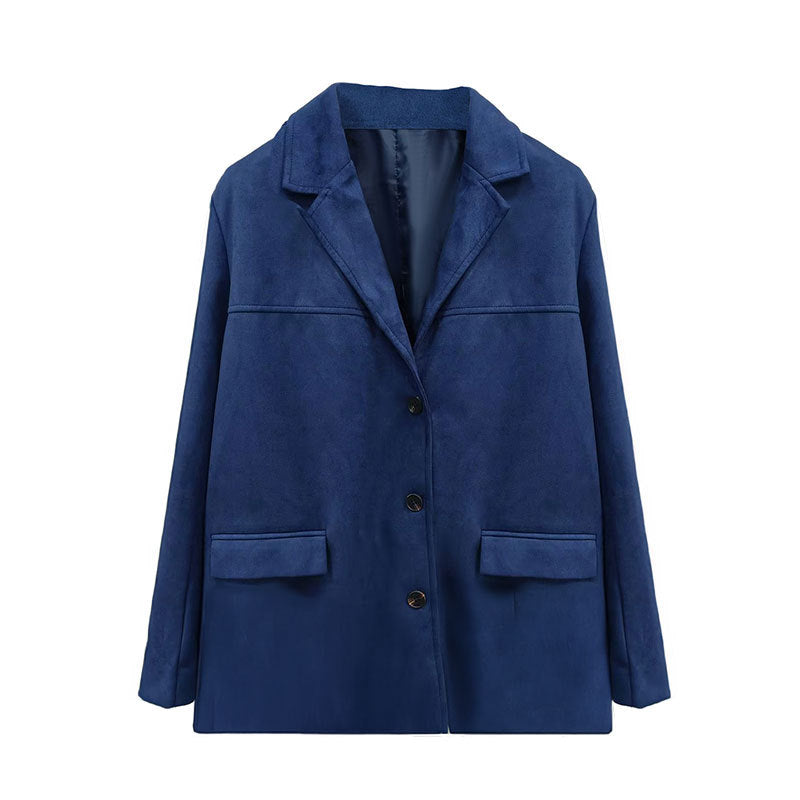 Women Autumn Retro Lapel Chic Solid Color Sueded Blazer