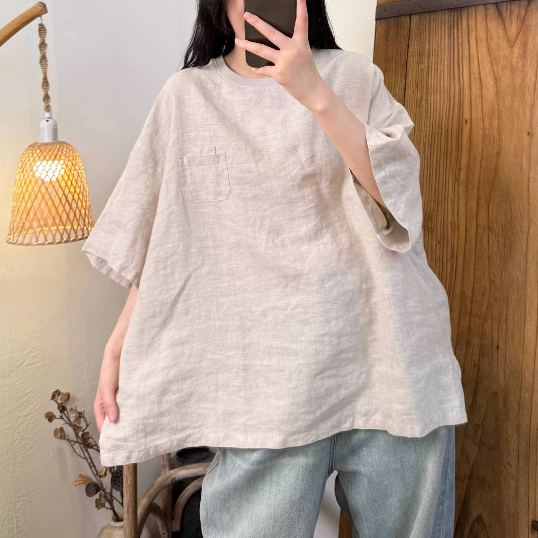 Spring Linen Solid Color Round Neck Loose Comfortable Tops