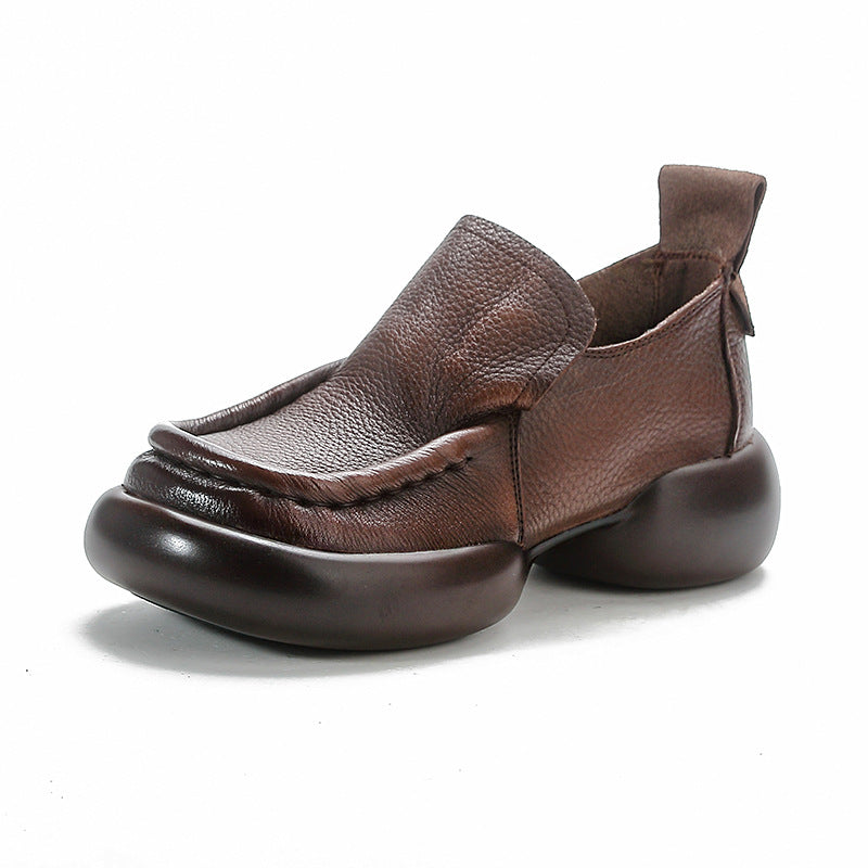 Retro Top Leather Round Toe Thick Sole  Slip-On Stylish Shoes