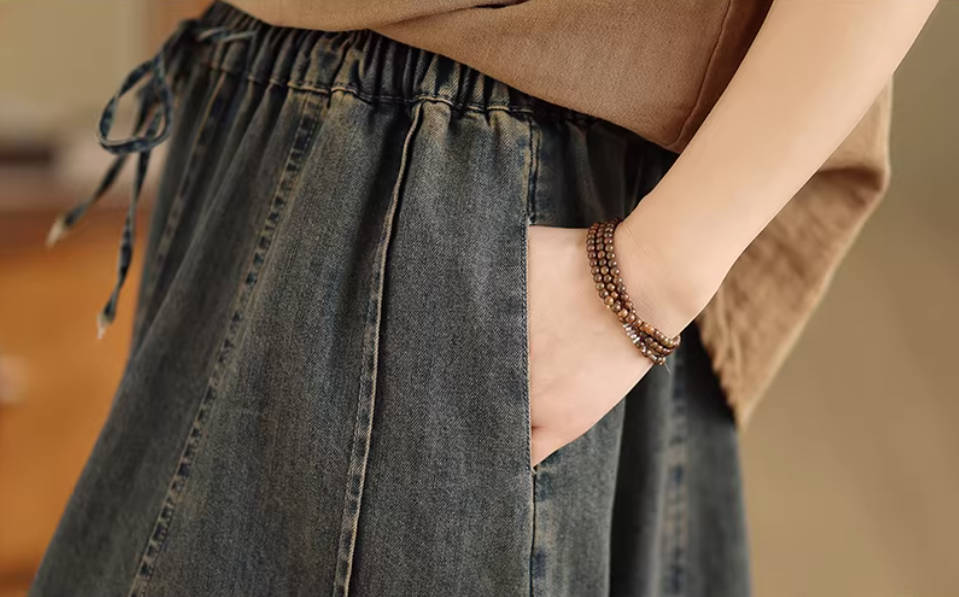 Spring Retro Denim Black Casual Loose Versatile Fashion A-Line Skirt
