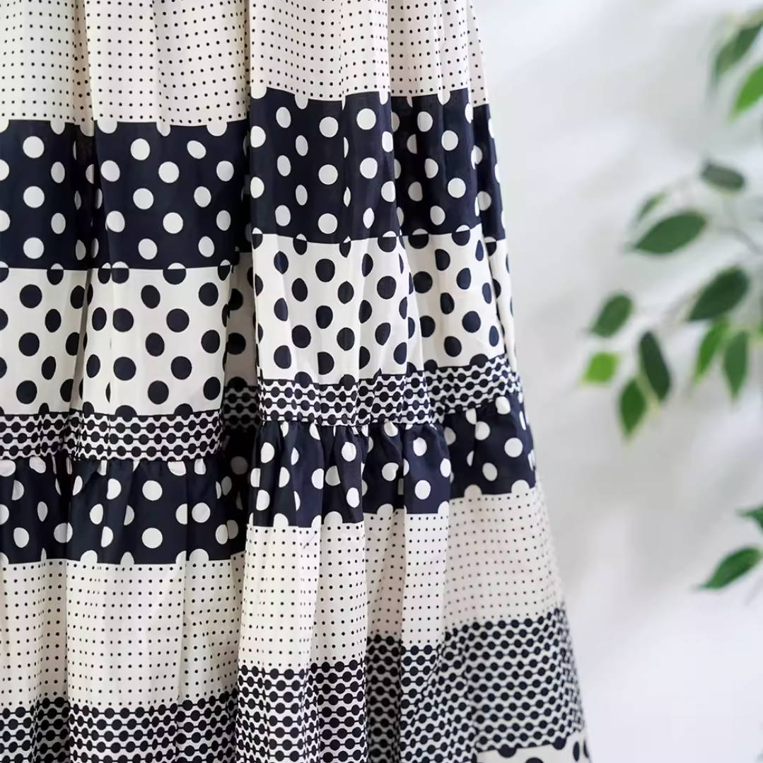 Classic Cotton Polka Dots Color Block Elegant Holiday Skirt