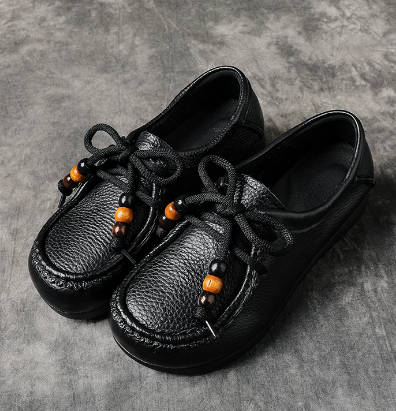 Vintage Women Top-Grain Leather Square Toe Soft Sole Wide Fit Flats