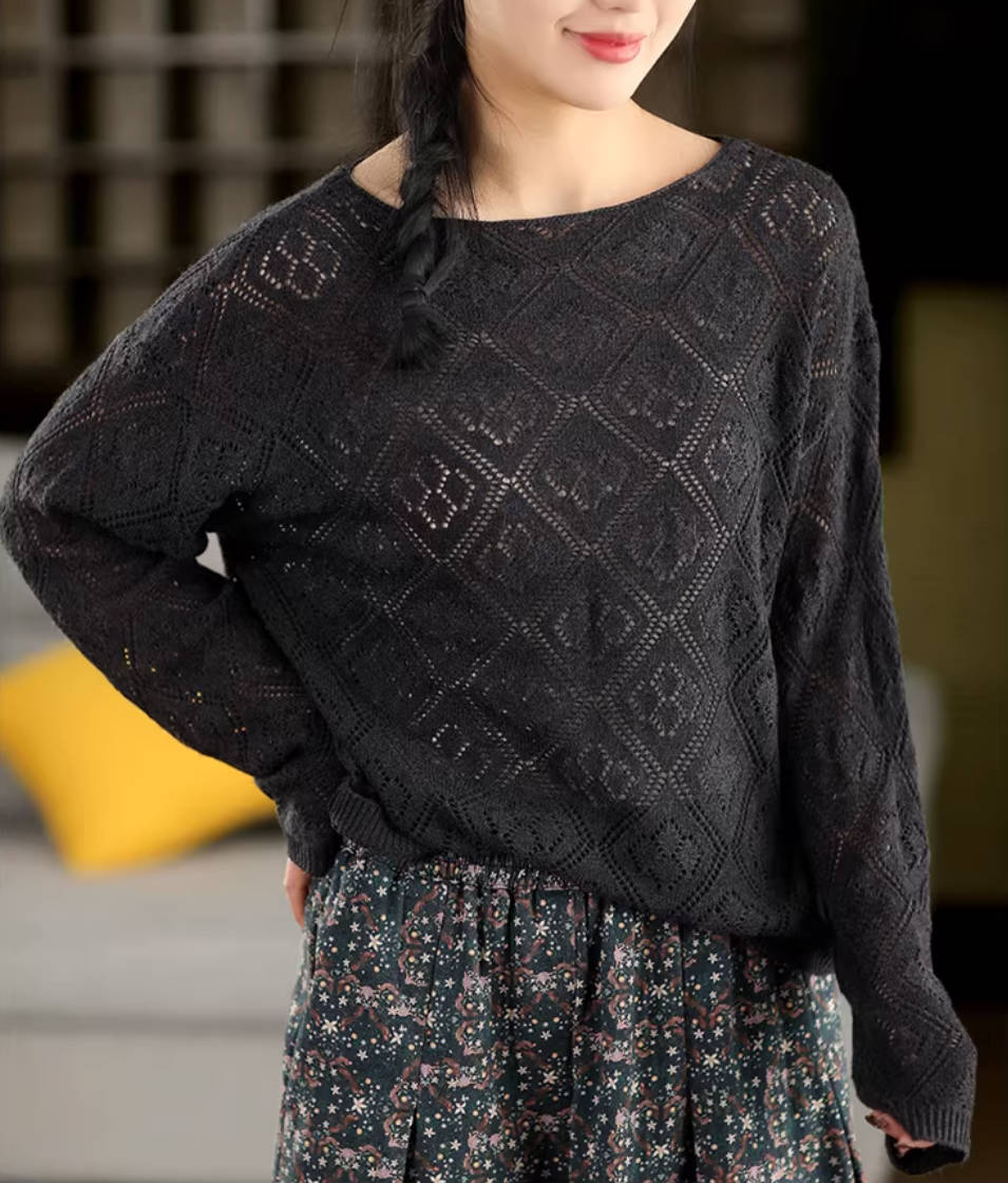Spring Cotton Hallow Round Neck Thin Knitted Loose Top