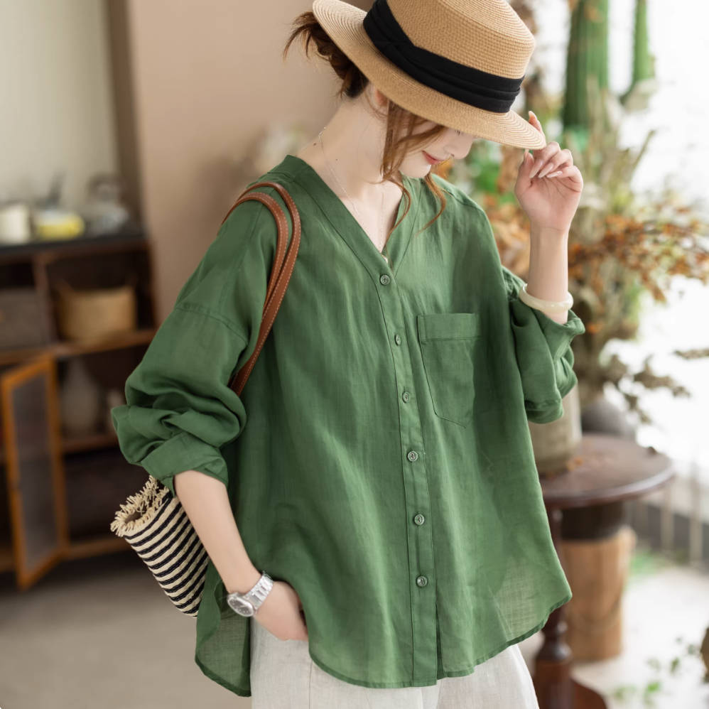 Thin Retro Ramie V-Neck Comfy Long Sleeves Loose Casual Shirt