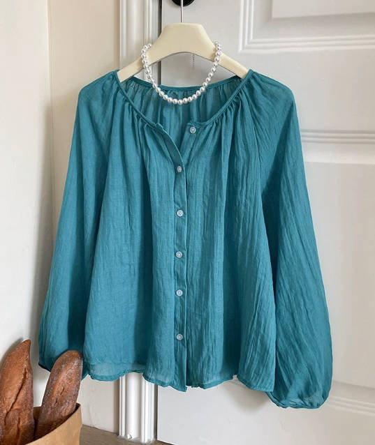 Women Summer Cotton Linen Loose Solid Color Round Neck Blouses