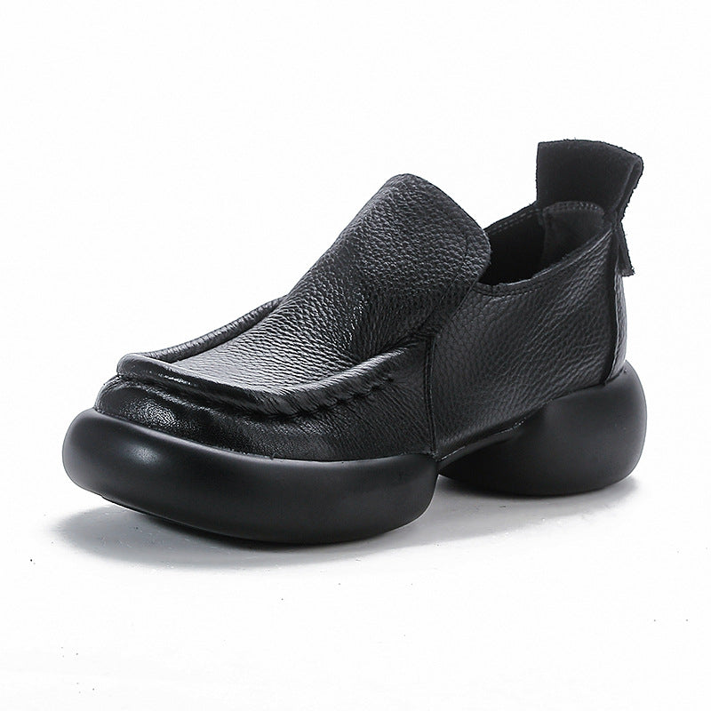 Retro Top Leather Round Toe Thick Sole  Slip-On Stylish Shoes