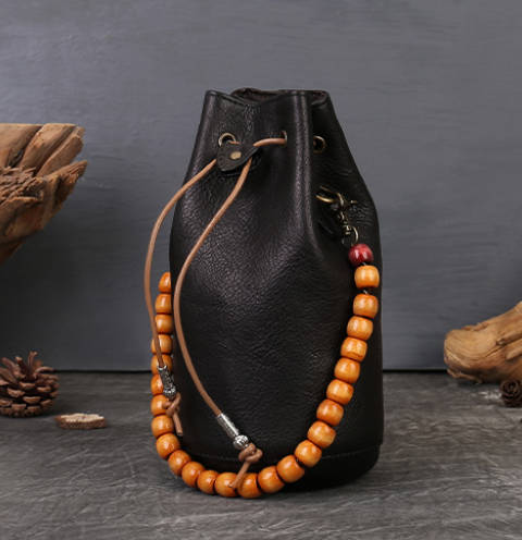 Handmade Vintage Leather Drawstring Crossbody Mini Bucket Shoulder Bag