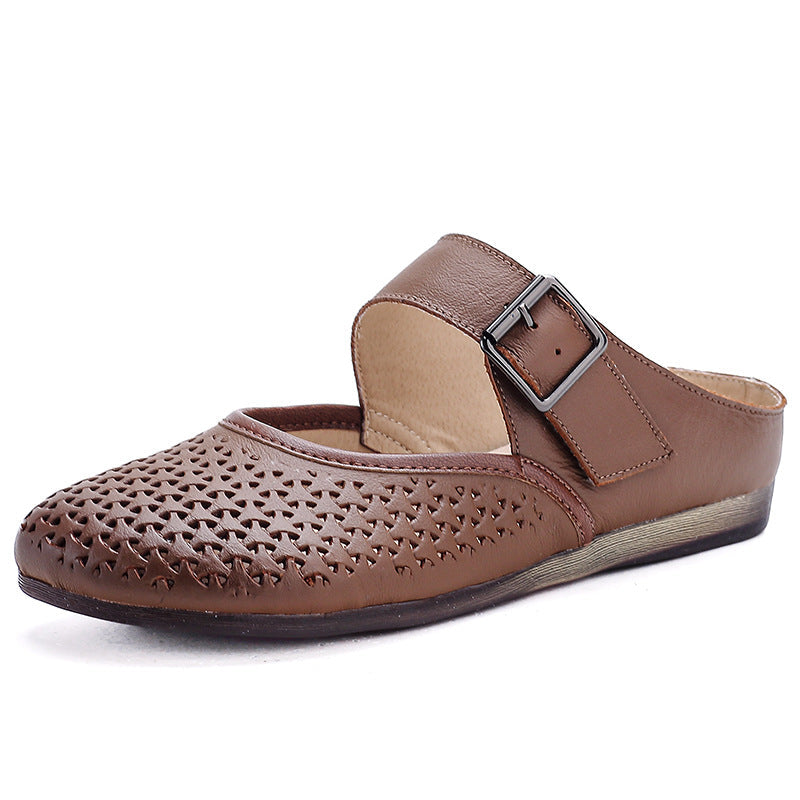Retro Top Leather Round Toe Hollow One Straped Slip-On Shoes