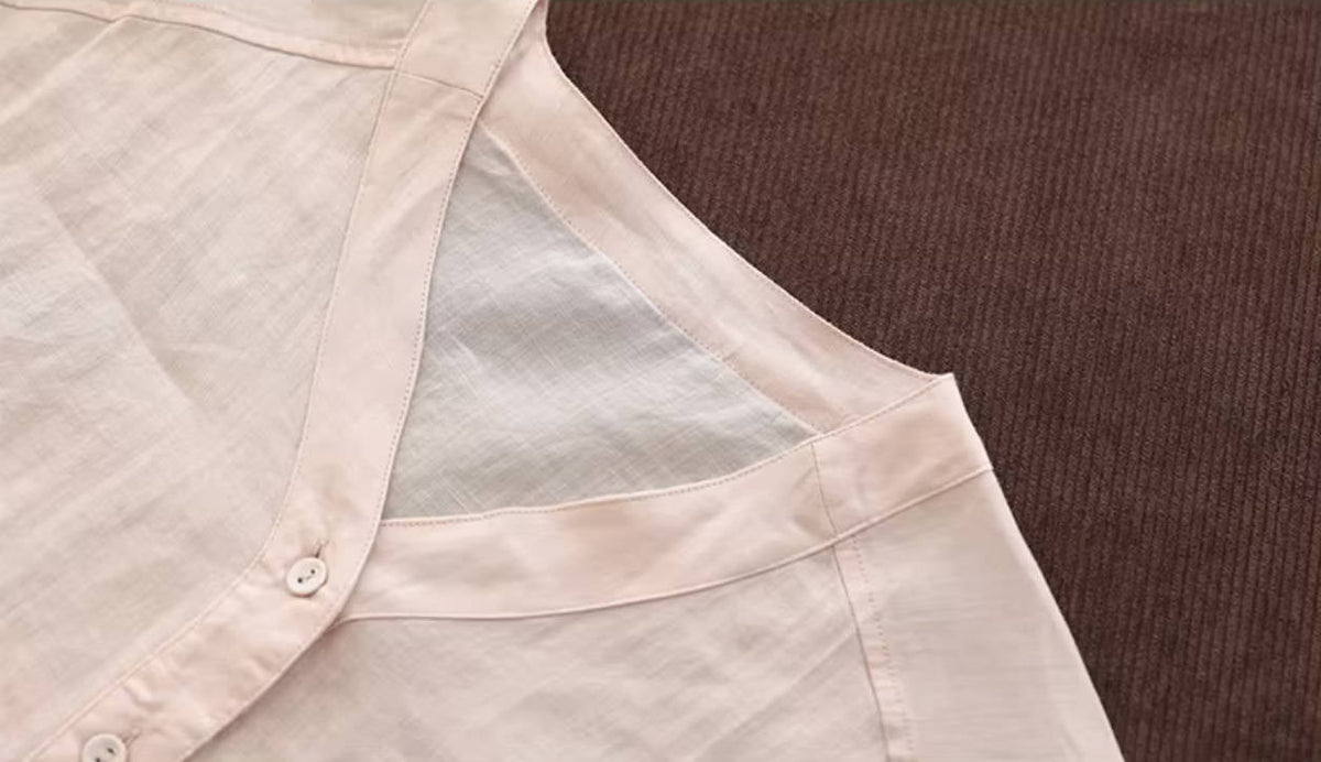 Thin Retro Ramie V-Neck Comfy Long Sleeves Loose Casual Shirt