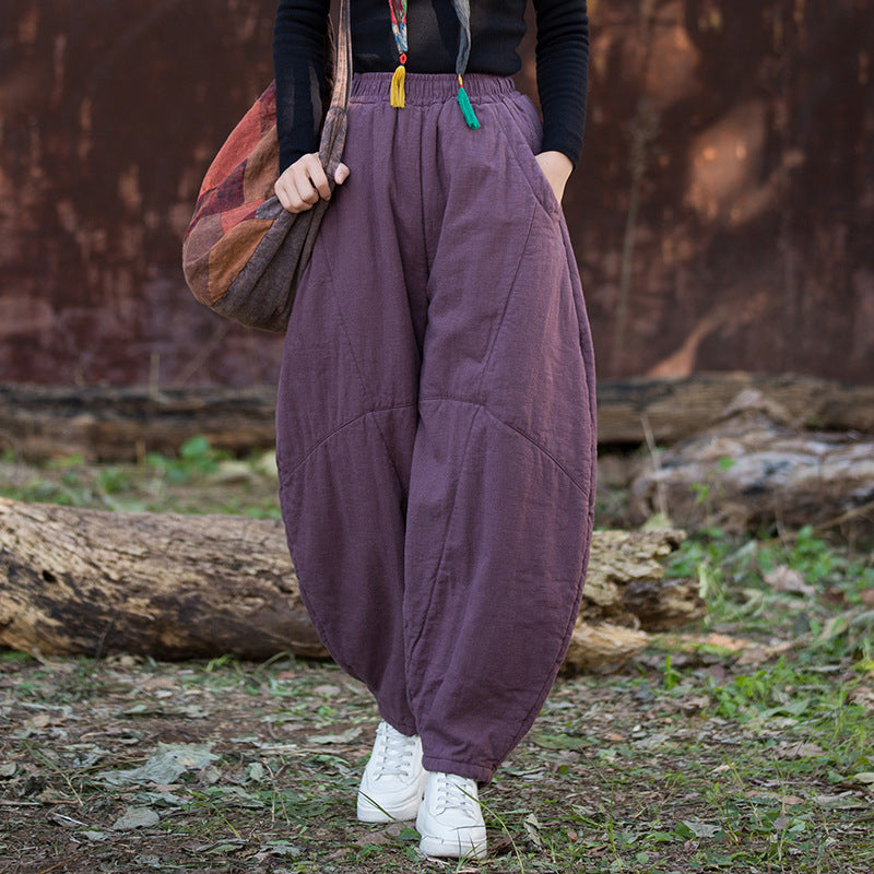 Winter Ramie Loose Solid Color Cotton-In Elastic Waist Harem Pants