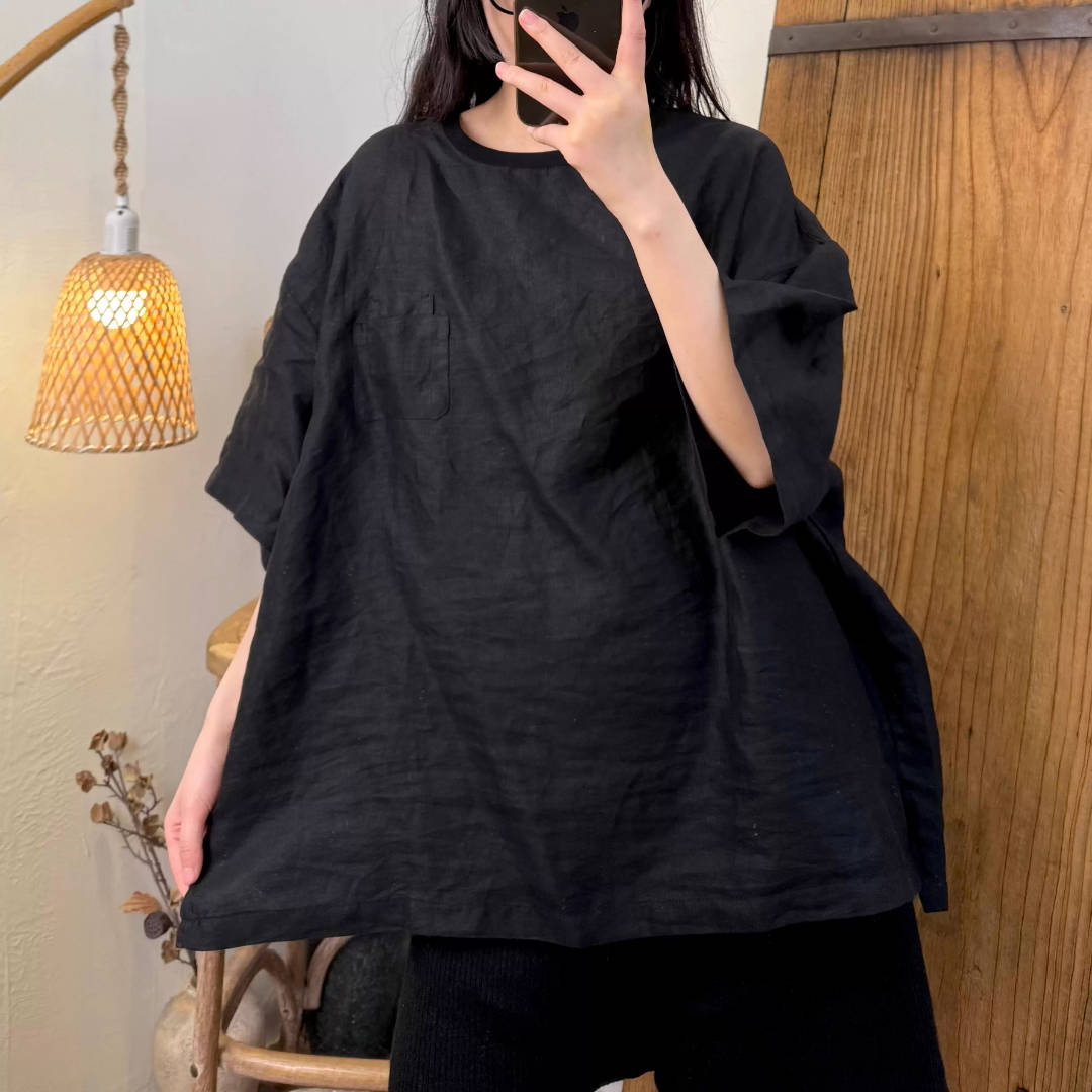 Spring Linen Solid Color Round Neck Loose Comfortable Tops