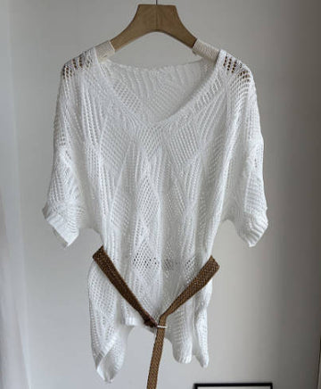 Women V-Neck Diamond Pattern Hollow Knit Short Sleeve Irregular Top