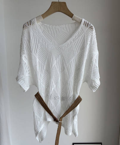 Women V-Neck Diamond Pattern Hollow Knit Short Sleeve Irregular Top