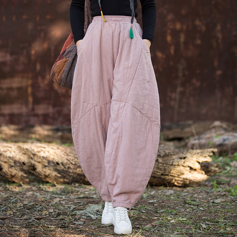 Winter Ramie Loose Solid Color Cotton-In Elastic Waist Harem Pants