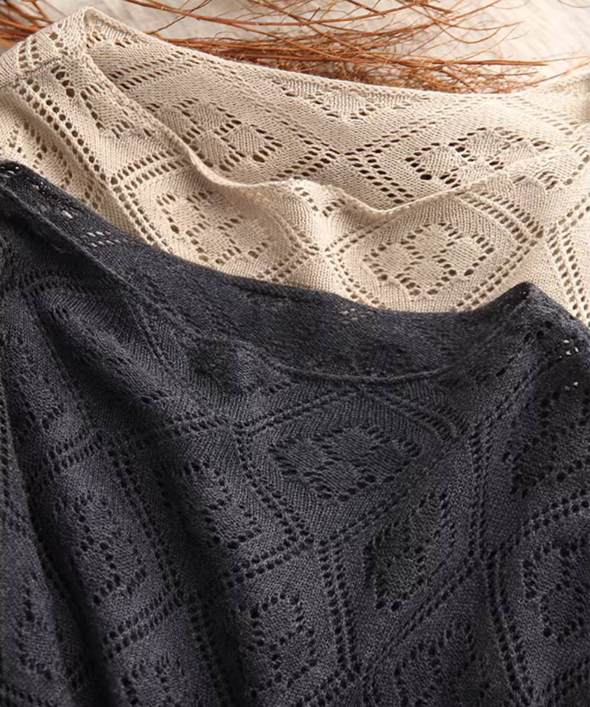 Spring Cotton Hallow Round Neck Thin Knitted Loose Top