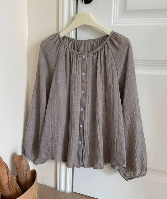 Women Summer Cotton Linen Loose Solid Color Round Neck Blouses