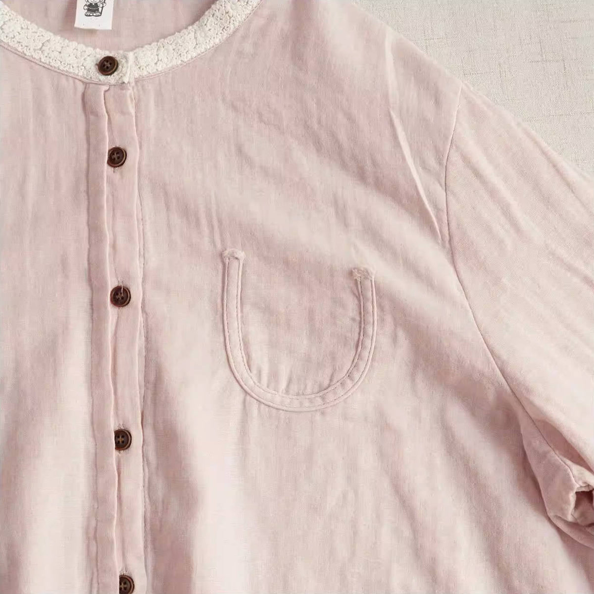 Spring Retro Cotton Round Neck Patchwork Versatile Loose Shirt