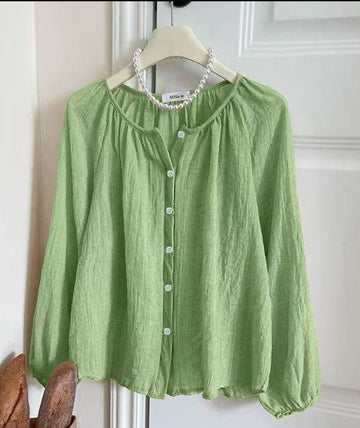 Women Summer Cotton Linen Loose Solid Color Round Neck Blouses