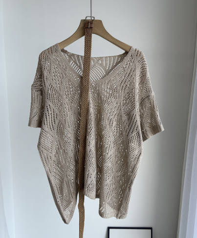 Women V-Neck Diamond Pattern Hollow Knit Short Sleeve Irregular Top
