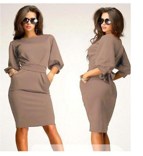 UNIQUE PUFF 3/4 SLEEVES BODYCON KNEE-LENGTH CASUAL DRESS