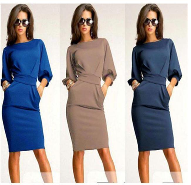 UNIQUE PUFF 3/4 SLEEVES BODYCON KNEE-LENGTH CASUAL DRESS