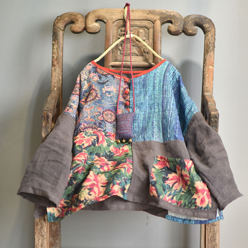 Women Spring Vintage Ethnic Style Patchwork Linen Blouses
