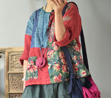 Women Spring Vintage Ethnic Style Patchwork Linen Blouses