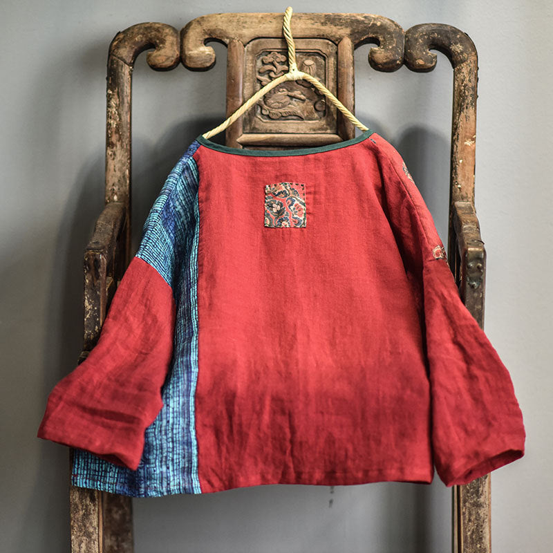 Women Spring Vintage Ethnic Style Patchwork Linen Blouses