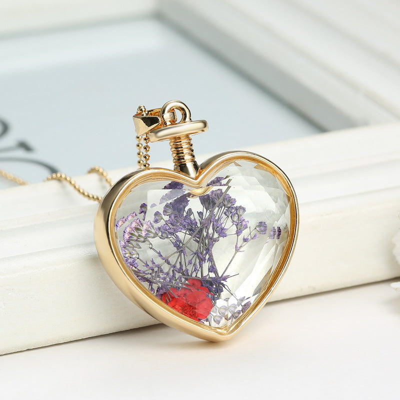 FLOWER GLASS HEART PENDANT NECKLACE