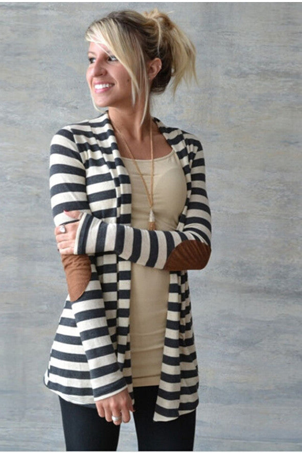 LONG SLEEVES STRIPED V-NECK PATCHWORK CARDIGAN