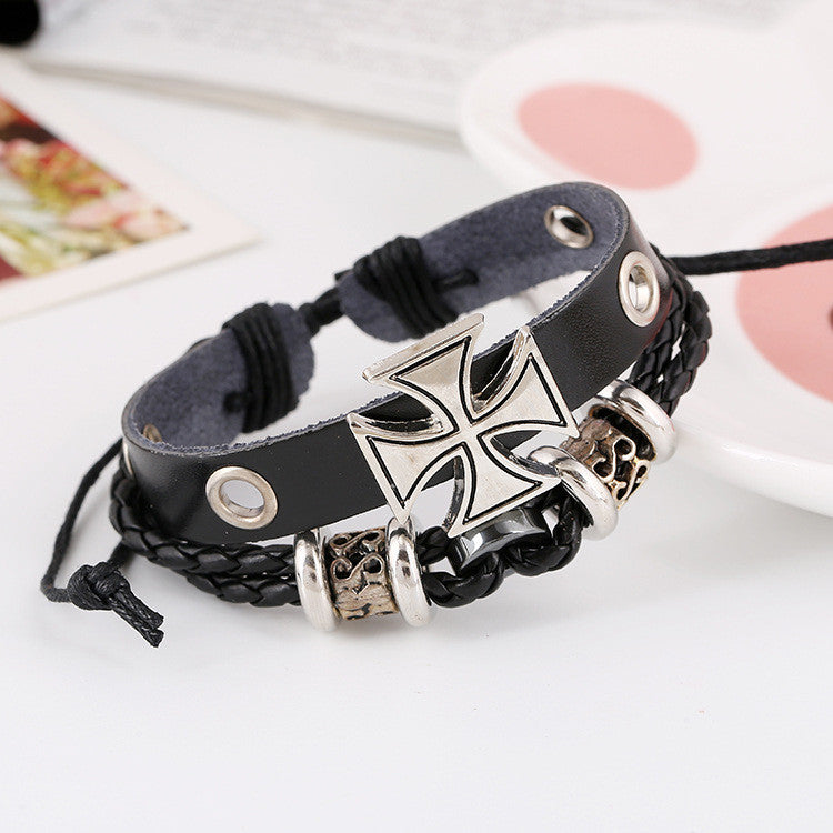 ALLOY BEADED CROSS LEATHER BRACELET